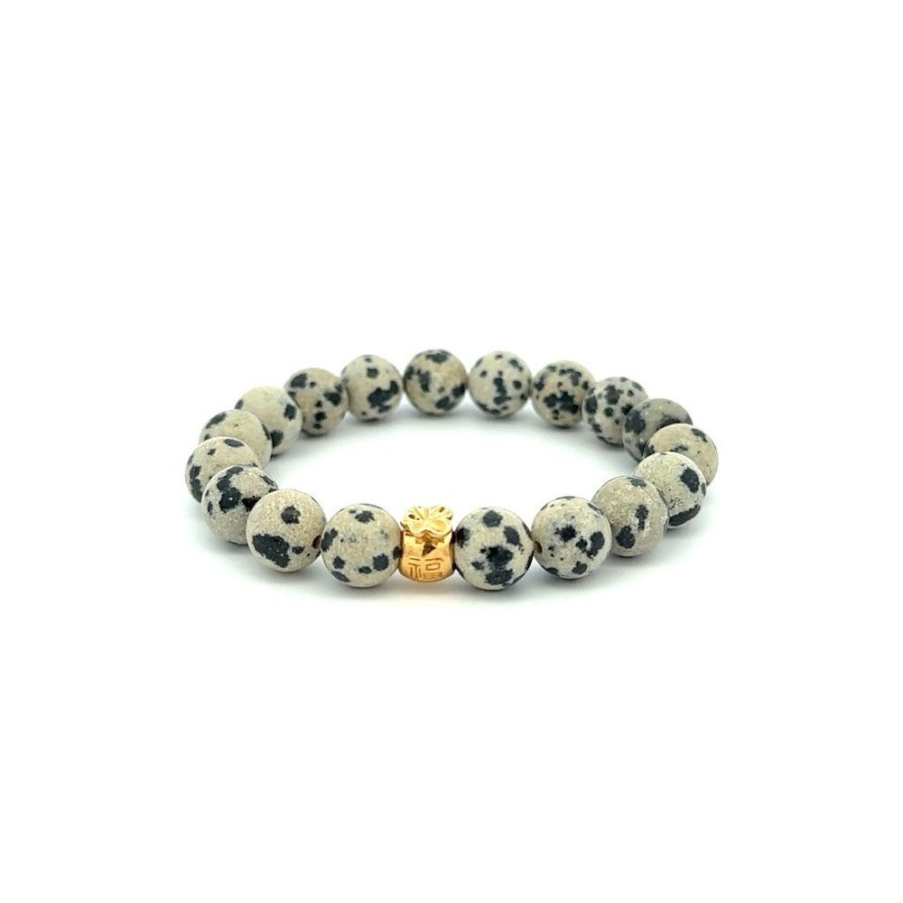 18K Gold Money Bag Lucky Charm Bracelet Gemstones Dalmatian Jasper 8mm